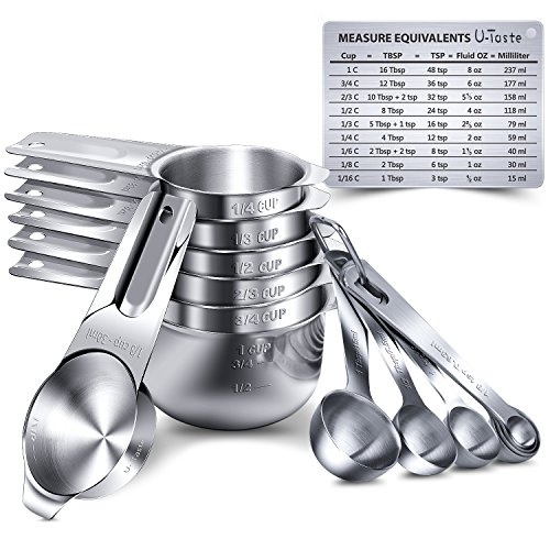 U-Taste Tazas medidoras Cucharas Medidoras 15Piezas Acero Inoxidable 18/8, 7 Tazas Medidoras+7 Cucharas Medidoras+Conversión Medidas Magnéticas Tazas de medir Utensilios de Cocina Hornear Utensilios