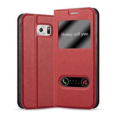 Cadorabo - Etui Housse pour Samsung Galaxy S6 avec stand horizontale, Fermeture Magnétique Invisible et 2 Fenêtres de Visualisation dans Désign View – Coque Case Cover Bumper Portefeuille en ROUGE-SAFRAN