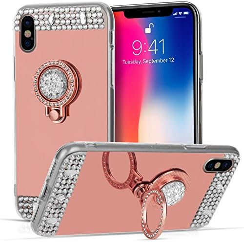 Centopi iPhone X Case, iPhone 10 Case Mirrored TPU Gel - Bling Case - Jewelled Design - Ring Stand - Slim Soft Back Cover - Rose Gold