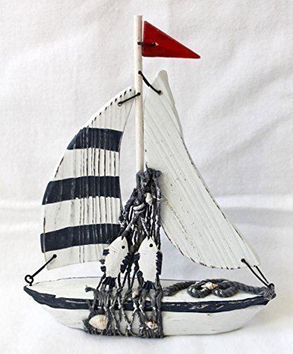 Deko Segelboot Boot Schiff Holz mit Fisch und Fischernetz Höhe 21cm