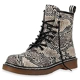 stiefel damen leder blau  SCARPE VITA Damen Stiefeletten Worker Boots Profilsohle Stiefel Outdoor Schuhe Leder-Optik Schnürboots Prints Lack Schnürer 177241 Braun Snake Creme 40