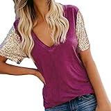 iHENGH Karnevalsaktion Damen Top Bluse Lässig Mode T-Shirt Frühling Sommer Bequem Blusen Frauen V Ausschnitt Kurzarm Stehen heraus Paillettenhülse T Stück beiläufige Bluse Oben