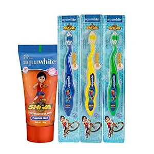 aquawhite Shiva Zig Zag Kids Toothbrush + Fluoride Free Toothpaste (Bubble Gum Flavor) Combo