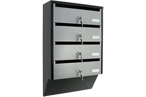 Profirst Cetiri Boîte aux Lettres Argent Noir Tôle d'acier Porte-nom Serrure à Cylindre 2 clés chacune HxLxP 600x385x140 mm pour 4 Parties Matériel de Fixation