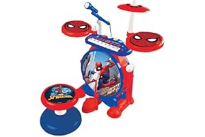 Lexibook, Spider-Man, Juego electrónico para niños, Juego Musical de Juguete, Sonido de batería Realista, Teclado de 8 Teclas, MP3 Plug, Asiento Incluido, Azul/Rojo, K610SP