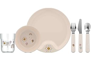 Mepal, 6-Częściowy Zestaw Naczyń Stołowych dla Dzieci Mio, Zawiera sztućce dla Dzieci, Szklankę, Talerz i Miskę, Nadają się do Mycia w Zmywarce, Zestaw 6 szt., Sunshine i Rainbow