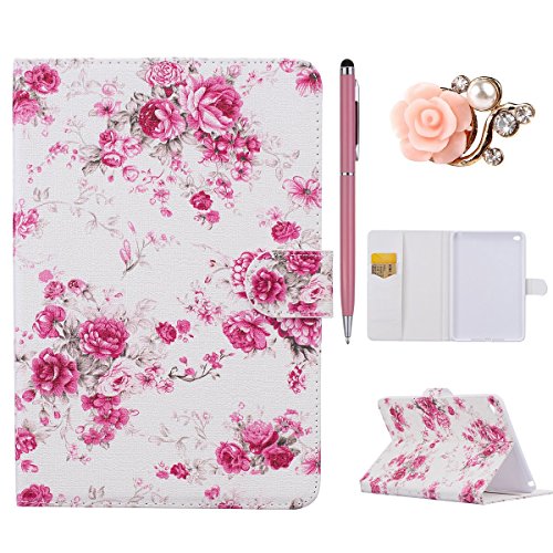 iPad Air 2 Hülle,iPad 6 Case - Felfy PU Ledertasche Luxe Bookstyle Flip Standfunktion Magnetverschluss Ledertasche Muster Eule Schmetterling Pfingstrose AugeBunte Malerei Retro Painted Abdeckung Schutzhülle Ablösbar Handliche Case Tasche Etui für Apple iPad Air 2/iPad 6 (Pfingstrose) + 1 x Rosa Stylus + 1 x Rosa Blumen Dust Plug