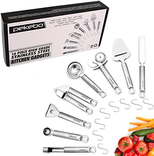 16-Piece Kitchen Gadgets Tool Set-High Grade Stainless Steel Cheese Slicer,Garlic Press,Apple Corer,Peeler,Pastry Pasta,Melon Baller Scoop, Straight Icing Spatula,Egg Yolk Separator &amp; S Shape Hooks