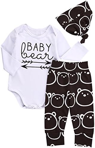 Baby Boys Girls Cotton Jumpsuit Babysuit Romper+Bear Printed Pants+Hat Summer Outfit Set (0-3M, white)