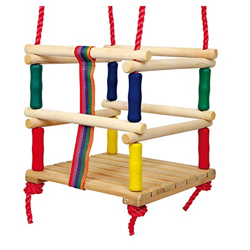 Kleinkinder-Schaukel im bunten Regenbogen-Design aus Massivholz, Babyschaukel mit stabilen Kunststoffseilen höhenverstellbar, geeignet für den Innen- und Außenbereich, für Kinder ab 18 Monate, bis 30 kg belastbar