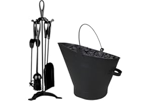 Trendi Black Waterloo Bucket Coal Log Fire Ash Scuttle Hod Fireside + Shovel with 5 Piece Cast Iron Loop Design Companion Set… (Companion Set + Bucket)