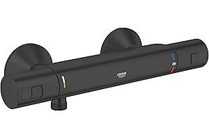 GROHE Precision Start – Miscelatore termostatico per doccia esterno (montaggio a parete, pulsante di sicurezza a 38°C, cartuccia compatta con termoelemento in cera), nero opaco, 345942430