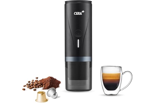 CERA+ Machine à expresso portable électrique avec auto-chauffage en 3 à 4 minutes, mini 20 bars avec batterie rechargeable. Compatible avec les capsules NS et le café moulu pour les voyages