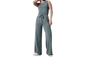 PAIDAXING Jumpsuit for Women UK Elegant Air Essentials Jumpsuit Casual Wide Leg Jumpsuit with Pockets Stretch Crew Neck Sleeveless Dungarees Elasticated Waist Drawstring Rompers Women's Jumpsuits & Playsuits