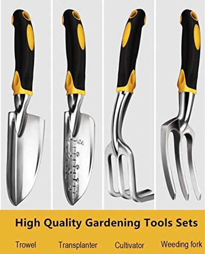 4-Piece Garden Tools Set Garden tools kit with Trowel ,Transplanter,Cultivator,Weeding Fork -High Strength Aluminum and Silicone Handle Round Hangging Hole for Storage Best for Gift