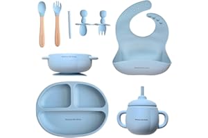 SHAPING LITTLE MINDS Silicone Baby Weaning Set with Bib Suction Plate Bowl Sippy Cup Fork Spoon BPA Free Microwave Dishwasher Safe Non Slip Feeding Kit Gift Box for Toddlers Learning to Eat Boys Girls Blue
