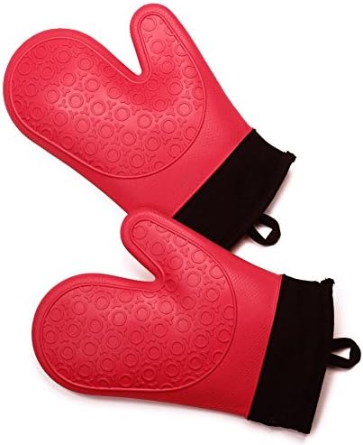 Oven Mitts with Cotton Liner, MANLEHOM Heat Resistant Nonslip Silicone Potholder Kitchen Gloves for Cooking Baking BBQ Grilling Red