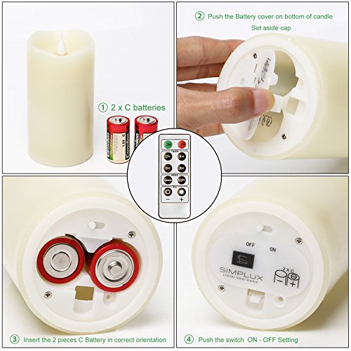 LED Kerzen flammenlose Kerzen mit Romote Control und Timer, simplux fließfähig 3D Fireless Flamme, echtes Wachs, batteriebetrieben, elfenbeinfarben, 7,6 x 12,7 cm (3×5 Zoll), für Hochzeit Party Dekorationen - 6
