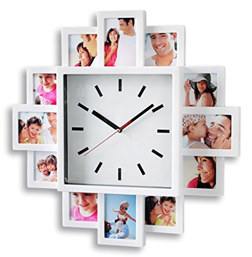 levandeo Fotouhr 40x40cm Wanduhr für 12 Fotos - Kunststoff weiß - Fotogalerie Bilderrahmen Bildergalerie Fotocollage Fotorahmen Uhr Bilderuhr