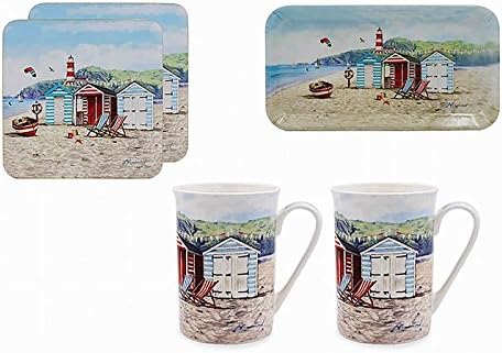 Sandy Bay Snack Set Includes 2 Mugs, 2 Coasters and a Snack Tray with a Beach Scene