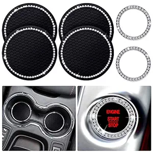 Frienda 4 Pieces Crystal Car Cup Holders Bling Car Coasters and 2 Pieces Rhinestone Car Engine Ignition Button Rings Car Rhinestone Start Rings for Cars, Trucks, RVs Decor