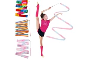 HMCEY 3 Pcs Dancing Ribbons for Children 2M Rhythmic Gymnastic Ribbon Wand Rainbow Dancer Ribbon Sticks Colorful Ribbon Streamers with 30cm Rod for Gym,Circus Training,Kids Artistic Dancing,Birthday Party