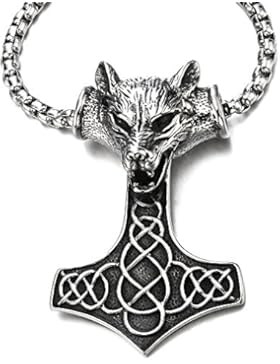 Herren Halskette Edelstahl Thors Hammer Anhänger mit Wolfskopf und Irische Keltische Knoten, 75CM Stahl Weizen-Kette