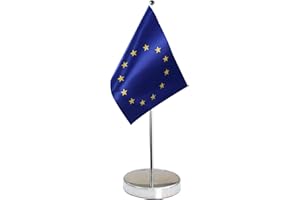 QSUM Bandera de Mesa de Europa 9 "x 6" - Bandera de Unión Europea Alemana Contiene Asta de Bandera y Pedestal Premium Euro Blue 12 estrellas
