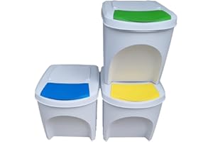 Stolmet Large Stackable Recycling Bins Set of 3x25L (Brand KrysGo) - Customizable Lids with Recycling Stickers - Waste Sorting for Home, Kitchen, Office (White + Multi Coloured)