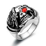  JewelryWe Schmuck Biker Edelstahl Herren-Ring, Gotik Piraten-Schädel Totenkopf mit Rot Strass Stern Augen Band Ring für Halloween Weihnachten, Schwarz Silber Größe 67 - mit Geschenk Tüte