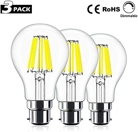 CREATE BRIGHT 8W Dimmable LED Filament Light Bulb,A60 GLS Bayonet B22 LED Retro Classic Bulb,Energy Saving LED Bulbs,Vintage LED Light Bulb Edison Bulb,Daylight(6400k)，Pack of 3 [Energy Class A+]