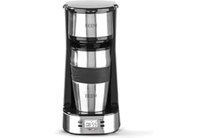 BEEM THERMO 2 GO Caffettiera con filtro per 1 tazza - Thermo | Include tazza da asporto da 0,4 l e filtro permanente | timer 24 ore, 750 Watt [Acciaio inossidabile]
