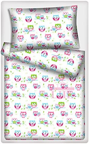 LHE 2 Piece Baby Bedding COT BED Duvet Set 60X120 OR 70X140 Super Soft 100% COTTON Oeko-Tex tested GREY PINK YELLOW GREEN MULTICOLOUR (FOR COT 140x70 cm, 40- PINK OWLS ON WHITE)