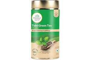 A TATA Product - Organic India Tulsi Green Tea Classic Loose Leaves - 100g, Stress Relieving, Uplifts Mood, Rich in Antioxidants, Blend of Rama, Krishna & Vana Tulsi, Certified Organic