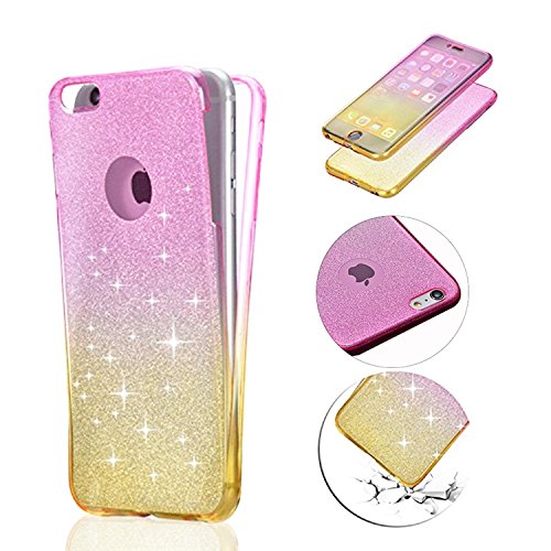 Glitter iPhone SE Case, MingKun Transparent Front and Back TPU Cover for iPhone SE 5S 5 Case 360 Full Body Double Bling Silicone Slim Soft Shockproof Resistant Protective Case Cover - Pink Gold