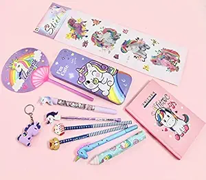 Le Delite Unicorn Combo Set Birthday Gift Party Return Favour / Unicorn Diary Mini Pocket Cute Stationery Girls Kids, School Gel Fan Pen Stylish Water Glitter,Pencil Box,Eraser,Keychain Stickers