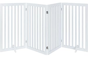 unipaws Freestanding Tall Dog Gate, Foldable Pet Fence, Indoor Wood Barrier, Assembly Free Stair Gate with 2PCS Support Feet (91cm H, 4Panels, White)