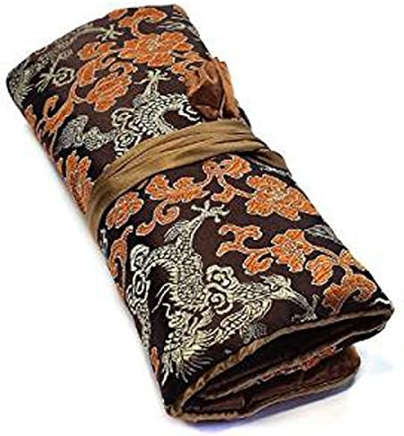 Elegant Jewellery Purse for Necklace, Bracelet and Rings in Mocha Brown Embroidered Satin Silk by Tantric Tokyo