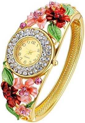 Women Quartz Wrist Watch Gold Plated Colorful Flower Alloy Bangle Bracelet with Crystal for Girls Valentine Birthday Christmas Wedding Day Gift by Oven Moda