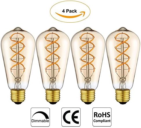 Vintage Edison LED Light Bulbs, E27 Spiral Flexible LED Filament Decorative Light Bulbs, Dimmable Warm White 2200K 160LM 4W Equivalent 25W 220V - Model ST64 (φ64mm) - 4 Pack [Energy Class A++]