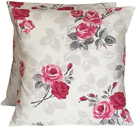 2 x CREAM PINK &amp; GREY SHABBY CHIC CUSHION COVERS 16"