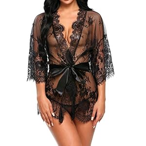 Teamyy Conjunto de Lencería Babydoll Mujer Encaje Floral Transparente con Cinturón