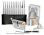 Geepro 15 Pieces Two Transparent Padlocks Training Exercise Lock Pick Set, Lock Set with Lock Picking Key, Extractor Tool for Beginner and Locksmiths