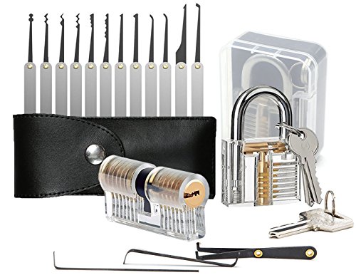 Geepro Kit de selección de cerraduras de 15 piezas con 2 cerraduras de entrenamiento, cerradura Herramienta de extracción de llaves + candados de ejercicios transparentes para cerrajería