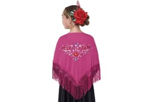 JORXG Mantón de Manila bordado de flor colores liso para mujer niña, Manton de Flamenco para el Vestido de Feria, Sevillana o Flamenca Color Negro Rojo Blanco Rosa Azul