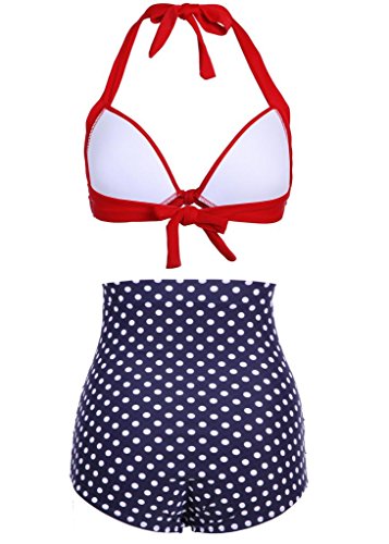 High Waist Retro Bikini Swimsuit Swimwear with Dark Blue Polka Dot Bottom and Red Top – Size XX-Large