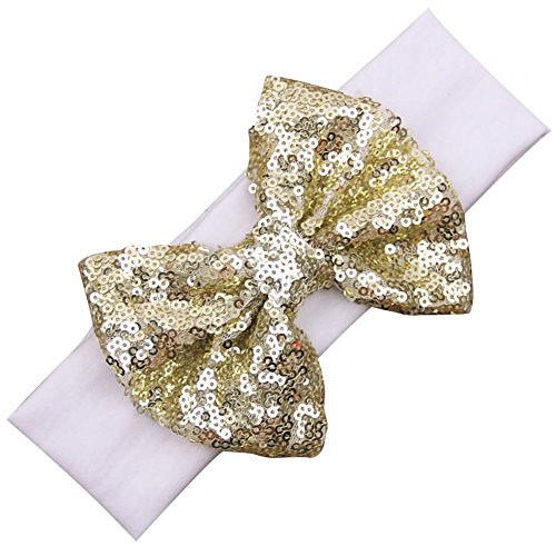 TiaoBug Girls Cotton Band Headdress Sequined Bowknot Photography Hair Bows Headband White Gold