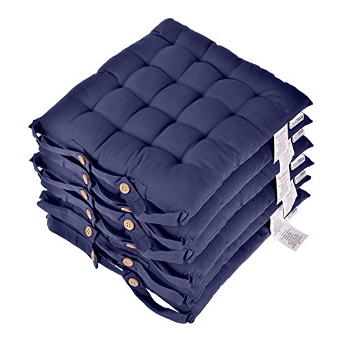 Homescapes Stuhlkissen 40x40 cm 6er Set marineblau Stuhlauflage mit Bändern und Knopfverschluss Bezug 100% Baumwolle mit Polyester Füllung