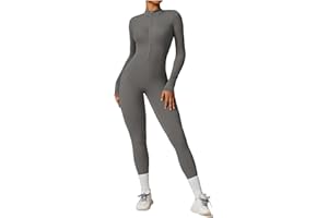 Belriviere Women Long Sleeve Workout Jumpsuit Zip Up Romper Bottom Pants Bodysuit Bodycon Athletic Sexy One Piece Outfit