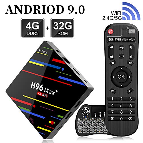 Android 9.0 TV Box,H96 Max+ Smart Box 4 Go de RAM et 32 Go de ROM Support 4K Ultra HD/2.4G WiFi/Vidéo Encodeur H.265/Bluetooth avec Mini Clavier sans Fil Rétroéclairé